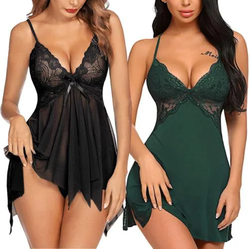 Arnoni Sexy Nighty for Honeymoon Sex, Babydoll Lingerie Set for Women Polyester Baby Doll Night Dress Sexy Lingerie for Women ak Combo (Black and Dark Green)
