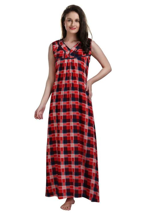PIU Women's Polyester Blend Checkered Maxi Nighty (HM1342L_Red_L)