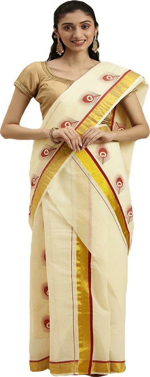Thara Sarees Women Beige Self Design Pure Cotton Saree