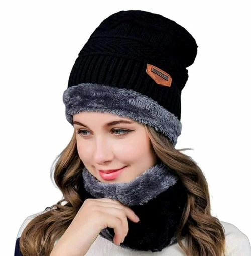 JOBBER Snow Proof Inside Fur Wool Unisex Beanie Cap with Neck Warmer Set Knit Hat Thick Fleece Lined Winter Cap for Men & Women