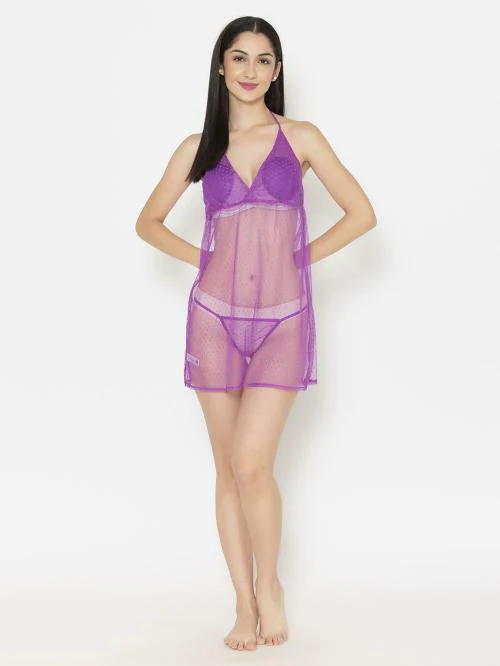Clovia Women's Purple Solid Mesh Single Babydoll