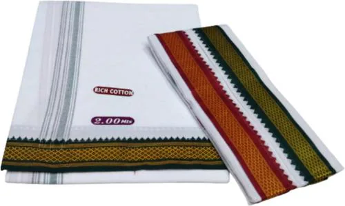 Truevelli white Cotton Blend Dhoti Dhoti Rich Cotton 2.00 Mts Dhoti + Towel Set