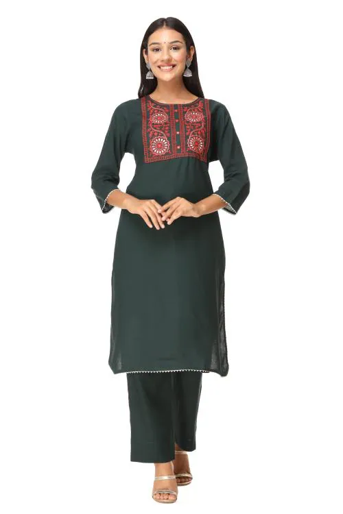 VIHAAN IMPEX Women Green Embroidered Kurta with Trouser