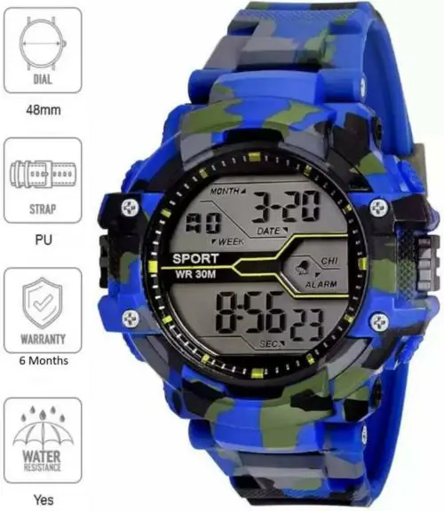 Trex Watch PU Strap Collage Look Water and Shock Resistance Alarm Sports Digital Watch Blue Dail and Blue Strap for Men