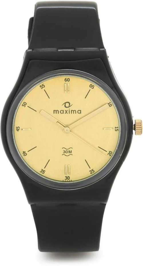 Maxima Analog Gold Dial Black Strap Watch For Men (03338PPGW)