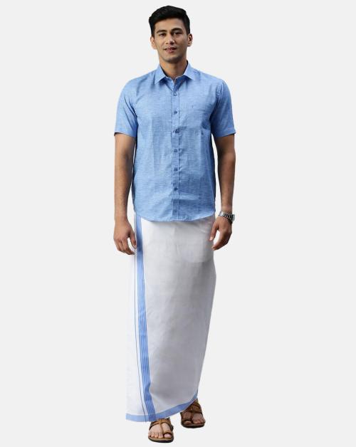 RAMRAJ COTTON Men Blue Half Sleeve Solid Cotton Shirt & Dhoti Set