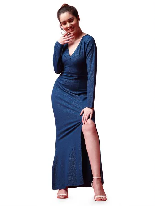 Deetya Arts Women Embossed Print Cotton Lycra Maxi/Full Length Bodycon Blue Colored Dress