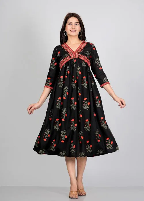 Bajariya Fashions Women's V-Neck Dress - Elegant Indian dress with Floral Prints_Multicolor1