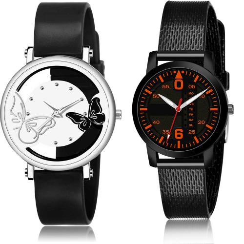 TIMENTER Modern Diwali Butterfly White And Black Colour Analog Plastic Belt 2 Watch Combo For Women And Girls - G554-(22-L-10)