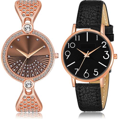 NEUTRON Classical Love Bracelet Bangle Chain And Triangle Geometry Rose Gold And Black Colour Analog Metal And Genuine Leather Belt 2 Watch Combo For Women And Girls - GM251-GW54