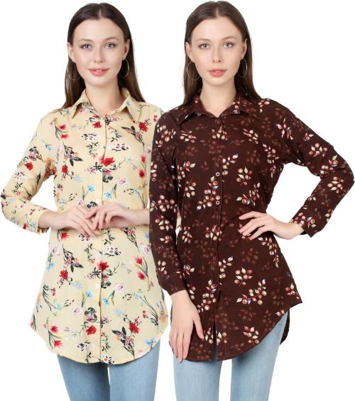 HUNOOR Womens Cream Floral Print Polyester Pack of 2 Festive Shirt l women shirt l casual shirt for women