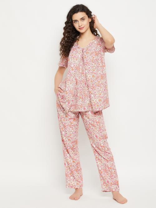 Clovia Women's Pink Floral Print Cotton Pack of 2 Top & Pyjama