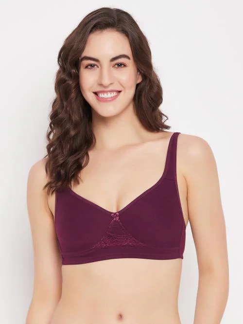 Clovia Women Purple Solid Cotton Single Non Padded Wirefree T-shirt Bra
