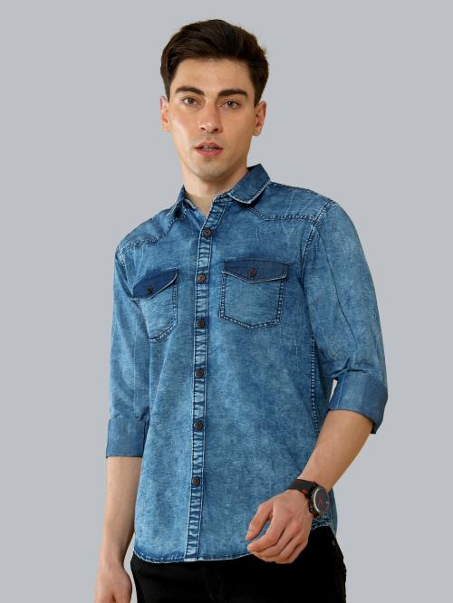 18 PLUS Eighteen Plus Men's Denim Cutaway Collar Slim Fit Full Sleeve Casual Shirt Blue Shaded