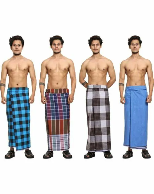 GOWRI TEX Men Multicolor Checkered Pure Cotton Lungi (Pack of 4)