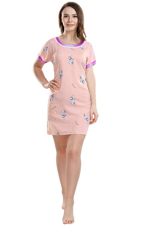 PIU Women's Cotton Penguin Printed Short Nighty Pink Medium