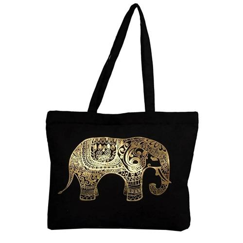 Vivinkaa Black Canvas Printed Black Haathi Tote Bag With Zip For Women