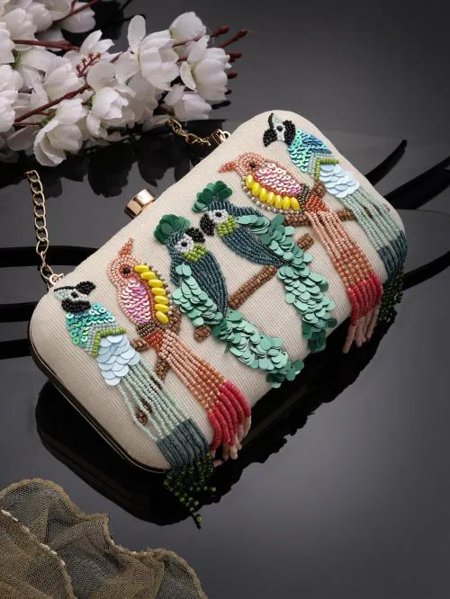 Anekaant Adorn Off White & Multi Quirky Embellished Corduroy Clutch