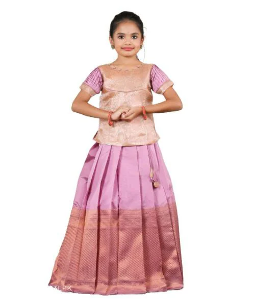 Shivangi Pink Metalic Honeycomb Pattu Pavadai For Girls !!!_Pink_14-15 Y