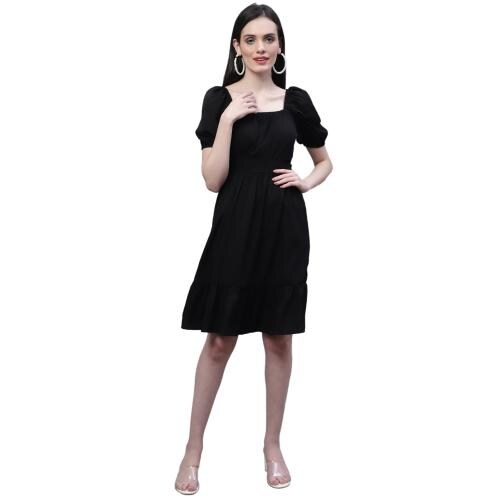 MARC LOUIS ML2766 Square Neck Puff Sleeve Crepe Fit & Flare Dress - Black - M