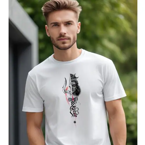 VIBRANCE Cotton Chest Print T Shirt For Men -Hindu God Lord Shiva-Design - White_S