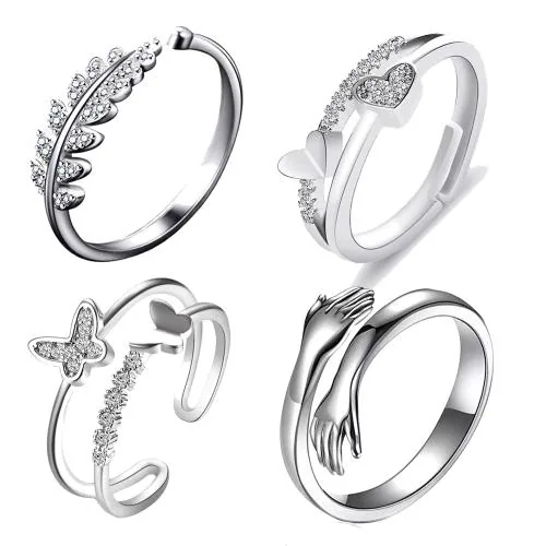 Fashion Frill Silver Rings For Women Stainless Steetl AD Heart Hug Silver Adjustable Ring For Women Girls