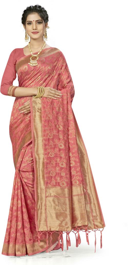 Sainoor Women Free Size Pink Woven Design Art Silk Banarasi Saree