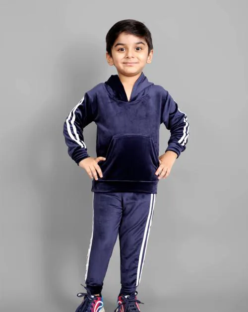 MAYNEISHA Kids Stylish Velvet Casual Track Suit Boys & Girls | Size-26 (Set) | Navy Blue