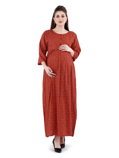 Lovely Mom's Pregnancy Dress, Printed Maternity Gown Dress with Zipper for Easy Breast Feeding - Red - XL, Viscose Rayon