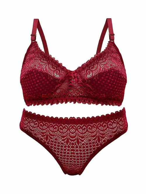 Avittam Women Net Lace Lingerie Set of Lightly Padded Underwired Pushup Bra with Matching Panty (Maroon)