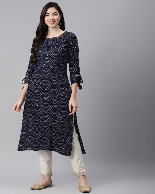 Aarika Women's Navy Blue Color Printed Bandhani Kurti