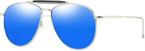 PARIM Polarized & UV Protected Flat Aviator Sunglasses for Women (Frame: Silver-Steel / Lenses: Blue Mirrored-Mercury)
