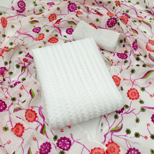 White Net Unstitched Dress Material With Floral Dupatta