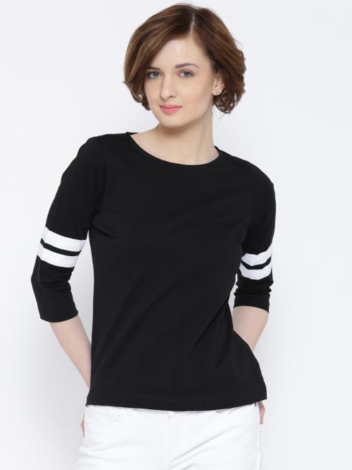 Popster Black Solid Cotton Round Neck Regular Fit 3/4 Sleeve Womens T-shirt Womens T-Shirt l women tshirt l tshirt for women
