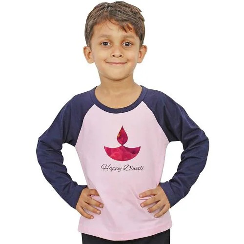 Limit Fashion Store Boys or Girls Baby Pink and Navy Blue Cotton Happy Diwali Lighting Diya KidsPrinted T-Shirt