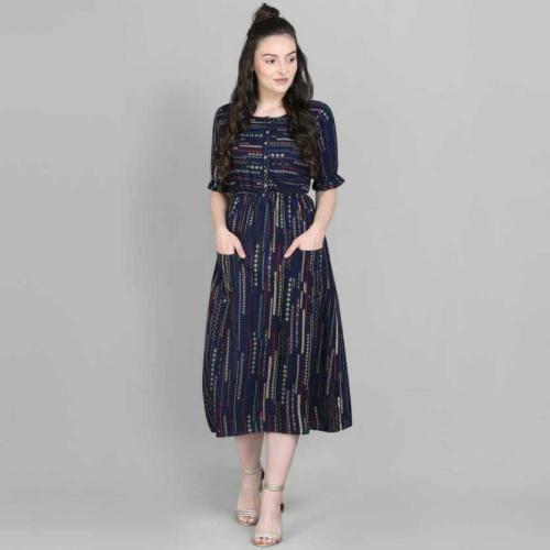 FairyBlue Women Blue Geometric Rayon A-line Dress