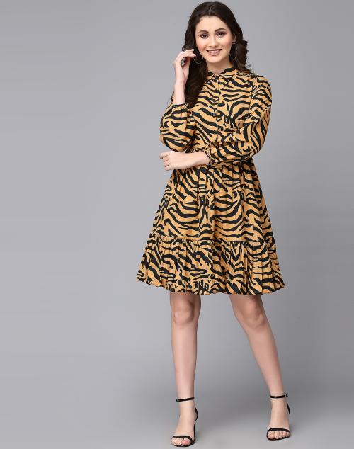 Selvia Crepe Black & Brown Animal Print Dress