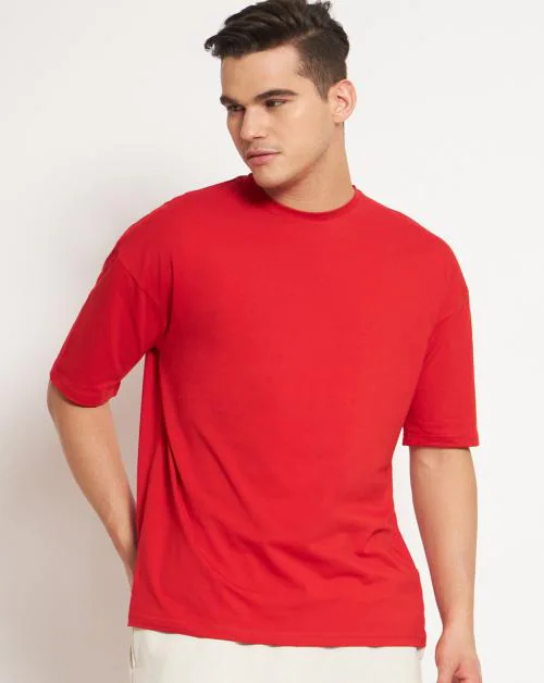 FITINC Red Premium Cotton Drop-Shoulder Oversized T-Shirt