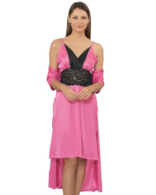Legit Affair Pink Nighty with Robe Knee Length strap dress with robe For Women