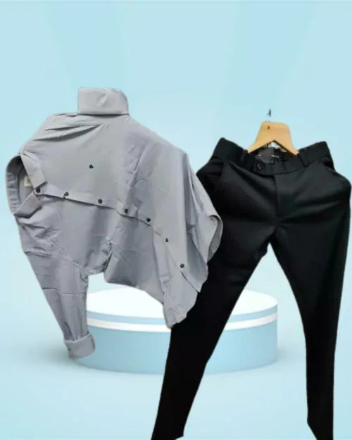 KALANABH Grey shirt & Black pant pair- Men's plain grey Casual Shirt with Long Sleeves & Laser Cut Collar- Regular Black formal Cotton Pant -Casual Wear Shirts & Pant for Men for Every Occasion (PACK OF 1 PAIR SIZE- M)