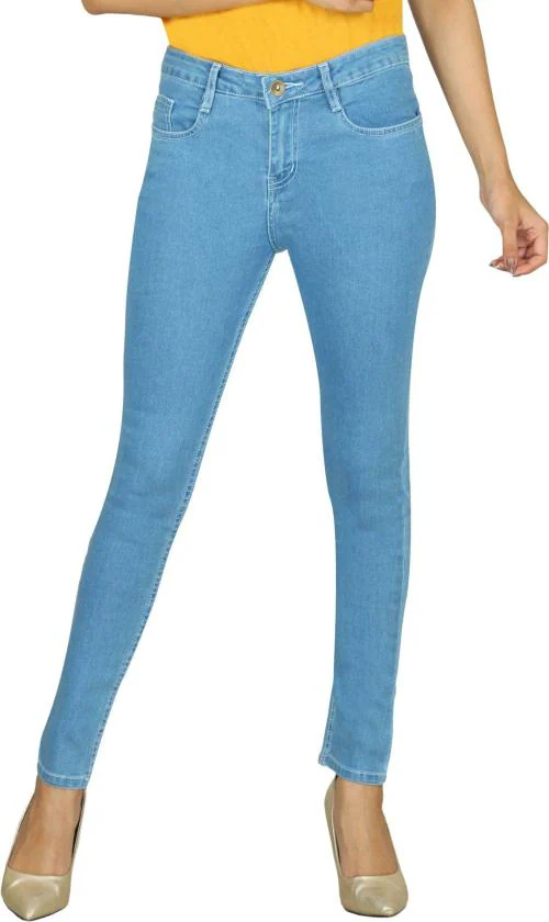 MEGHZ Women Light Blue Solid Denim Slim Jeans (28)