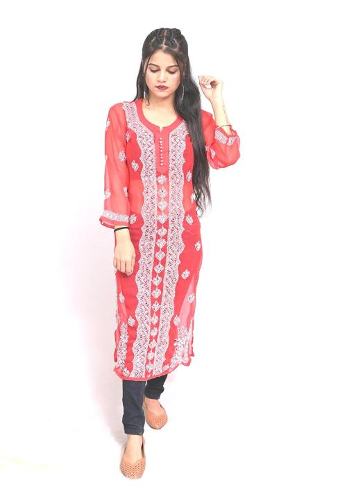 Sparkee Darkee Women Red Georgette Mirror Work Handcrafted Chikankari Kurti
