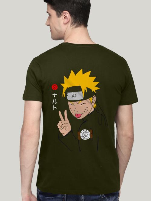 BLISSINK Naruto Anime Front And Back Printed Olive Cotton Tshirt for Men