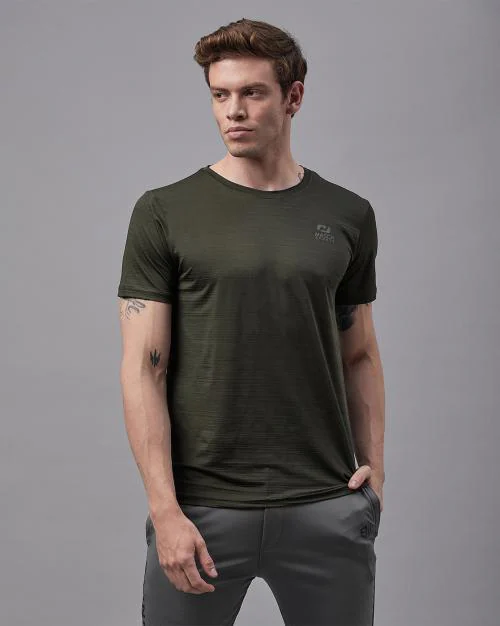 Masch Sports Olive Green Active Wear Half Sleeves Self Design T-Shirt
