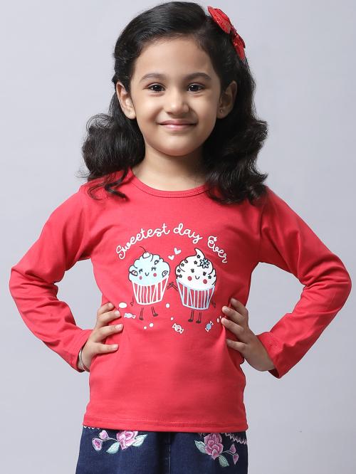 Little Zing Stylish Red Cotton Printed Tee For Girls - Single | Girls full sleeves tshirt | Tshirt for girls | Girls Tshirt | Kids Tshirt | Full Sleeves tshirt