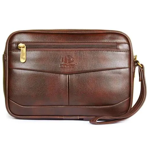 The Clownfish Tan Leather Pouch Wrist Handbag For Men