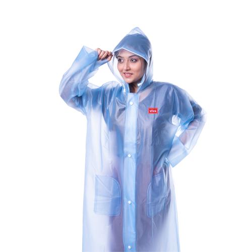 Viva Rainwear Ladies Waterproof Long Sleeves Raincoat Victoria (XL, Blue, New Age Color with Simple Attractive Transparent Design)