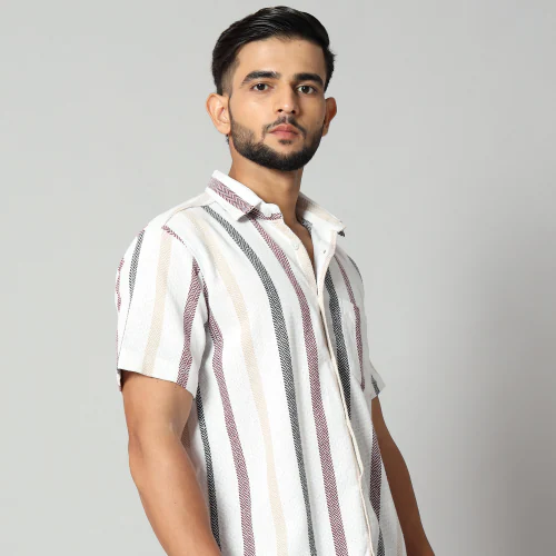 BIGREAMS.COM Premium Men’s White Stripe 100% Cotton Half Sleeve Shirt For Men with Patch Pocket, Breathable & Yarn Dyed Casual Regular Fit Short Sleeve Mens Shirt