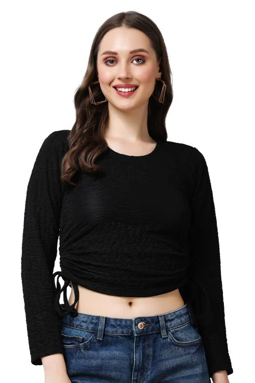 Popwings Women Casual Black Solid Self Design Crush String Full Sleeve Crop Top