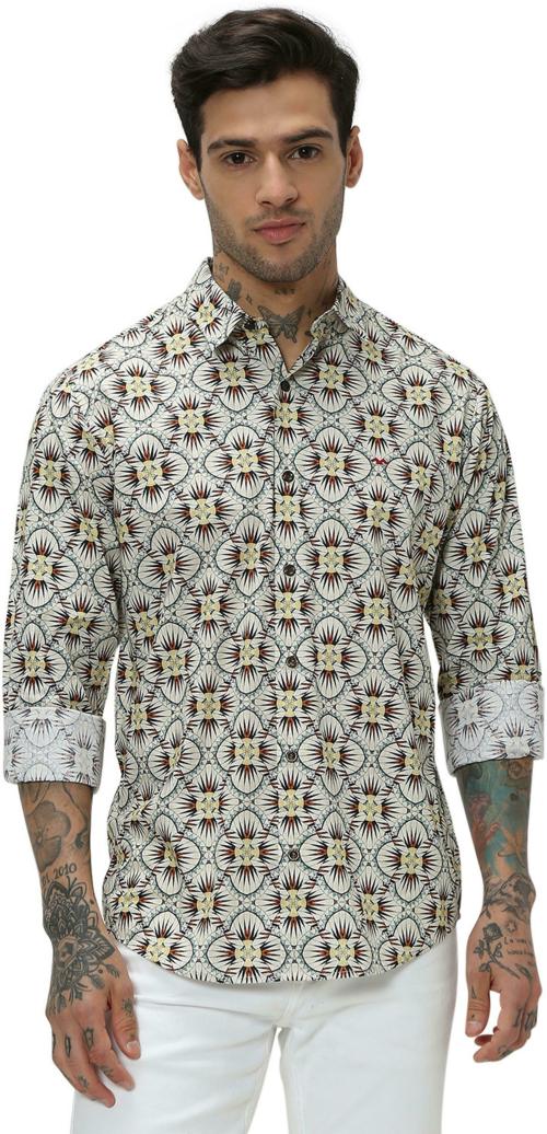 Mufti Beige & Multi Digital Print Slim Fit Casual Shirt